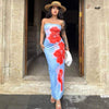 Slim slit tube long dress in blue with red floral design, perfect for summer parties and beach outings.