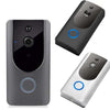 Smart home video doorbell in grey, black, and white with wide-angle lens and intercom feature.