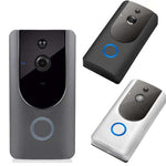 Smart home video doorbell in grey, black, and white with wide-angle lens and intercom feature.