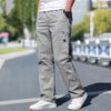 Men's light gray cotton sports overalls with straight-leg design, ideal for spring and autumn wear.
