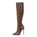 Brown snake pattern high stiletto heel boots with pointed toe and side zipper, perfect for spring and autumn.