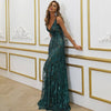 Sequin Spaghetti-Strap Dress in green, featuring a V-neck design and backless silhouette, perfect for parties.