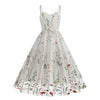 Embroidered Floral Mesh Dress with retro suspender A-line silhouette and hand-crafted floral embroidery detail.