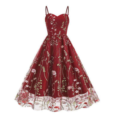 Retro Strap Embroidery Mesh Dress | Patchwork Layered A-Line Evening Dress