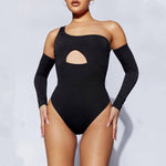 Women's black long sleeve bodysuit with cutout design, stylish romper perfect for sexy spice fashion.