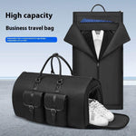 High capacity black business travel bag with shoe compartment and suit storage.