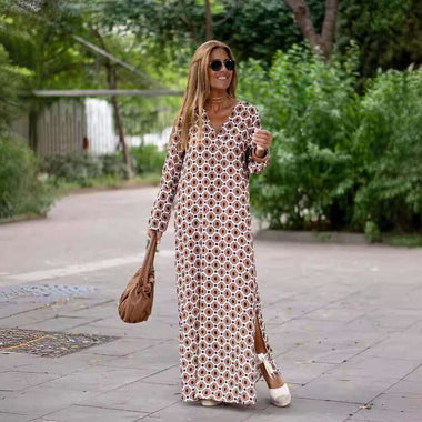 Geometric Print V-Neck Maxi Dress | Long-Sleeve High-Slit Summer Fashion Dress