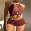 Summer halter neck bikini in solid brown with drawstring design for women's fashion and swimwear.