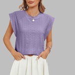 Summer hollow short-sleeved T-shirt vest in purple, featuring a loose round neck and stylish design for women's summer fashion.