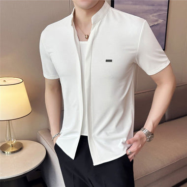 Summer Light Waffle Short Sleeve Shirt Niche Design Stand Collar