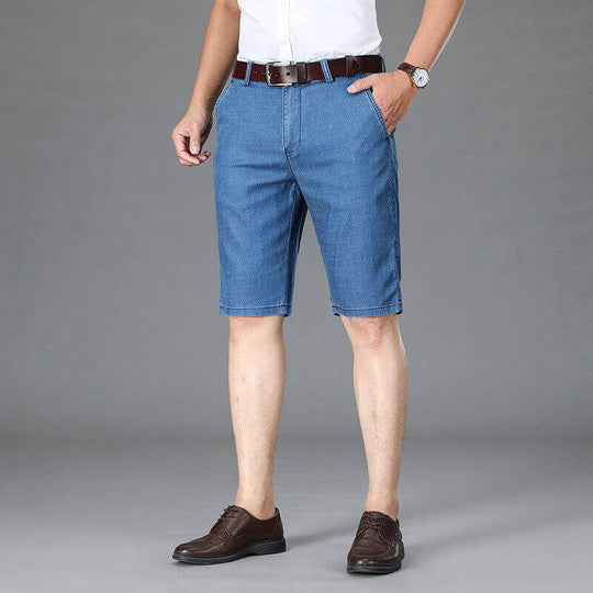 Men's light blue denim shorts, casual style, low waist, suitable for summer leisure wear.