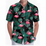 Plus size men's short sleeve shirt featuring vibrant flamingo and leaf digital print design.