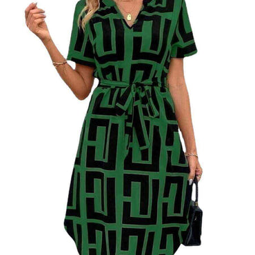 V-Neck Striped Short-Sleeve Dress | High-Contrast Casual Linear Midi