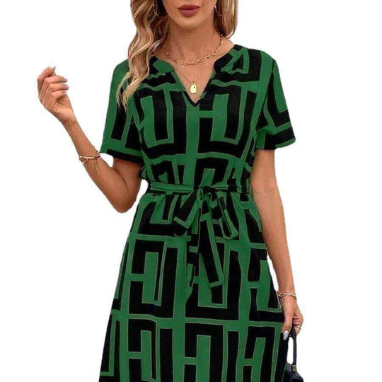 V-Neck Striped Short-Sleeve Dress | High-Contrast Casual Linear Midi