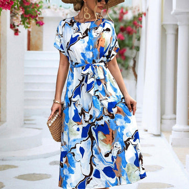 Summer Print Short-sleeved Dress Summer Loose Lace-up A-line Long Dresses Fashion Casual Holiday Beach Dress For Womens Clothing