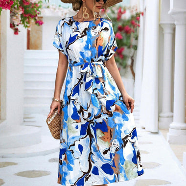 Summer Print Short-sleeved Dress Summer Loose Lace-up A-line Long Dresses Fashion Casual Holiday Beach Dress For Womens Clothing