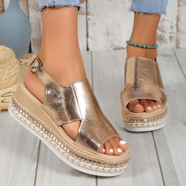 Summer Shiny Sandals Hollow Design Fish Mouth Sandal For Women Fashion Buckle Wedges Shoes