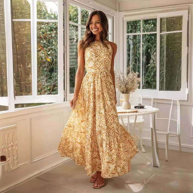 Off-Shoulder Printed Summer Dress | Elastic-Waist High-Volume Large Swing Dress