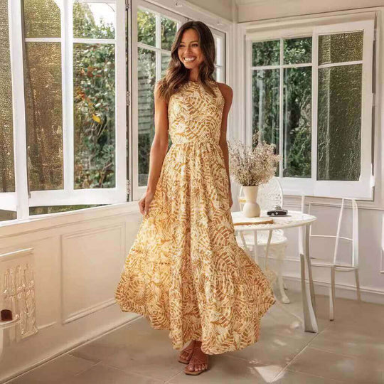 Off-Shoulder Printed Summer Dress | Elastic-Waist High-Volume Large Swing Dress