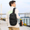 Man wearing a tactical chest outdoor messenger bag in black, ideal for sports and daily use.