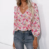Floral long-sleeved V-neck shirt with ruffle detailing, perfect for OL commuting style outfits.