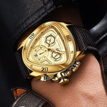 Gold black triangular chronometer watch with black strap, showcasing waterproof design and multifunctional features.