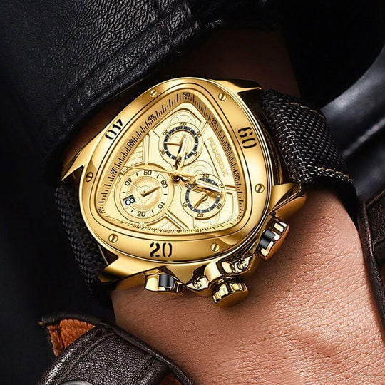 Gold black triangular chronometer watch with black strap, showcasing waterproof design and multifunctional features.