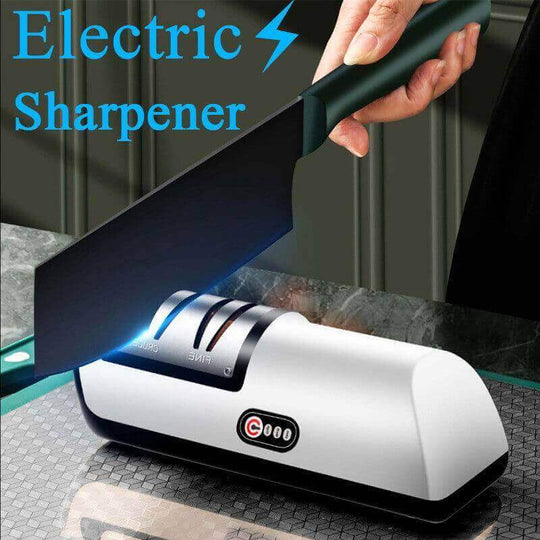 Electric knife sharpener in use, featuring a sleek design for efficient and quick sharpening of kitchen knives.