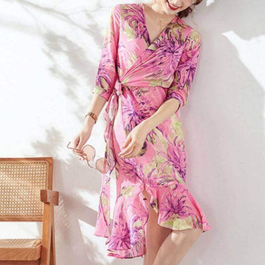 V-Neck Bohemian Floral Dress | High-Drape A-Line Boho Summer Dress