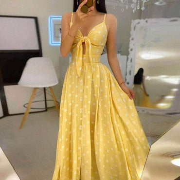 V-Neck Strap Printed Midi Dress | High-Drape A-Line Mid-Length Dress