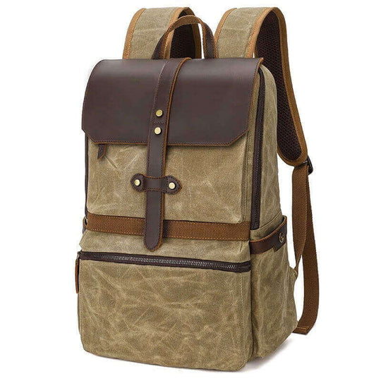 Waterproof batik canvas backpack with crazy horse leather, ideal for daily use and unisex; army green color.