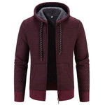 Wine red thick plush sweater coat with zipper, long sleeves, and drawstring hood for casual wear.