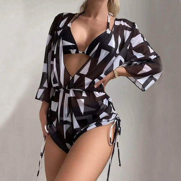 V-Neck Leaf Print 3-Piece Swimsuit | Long-Sleeve Sun-Shield Beach Set