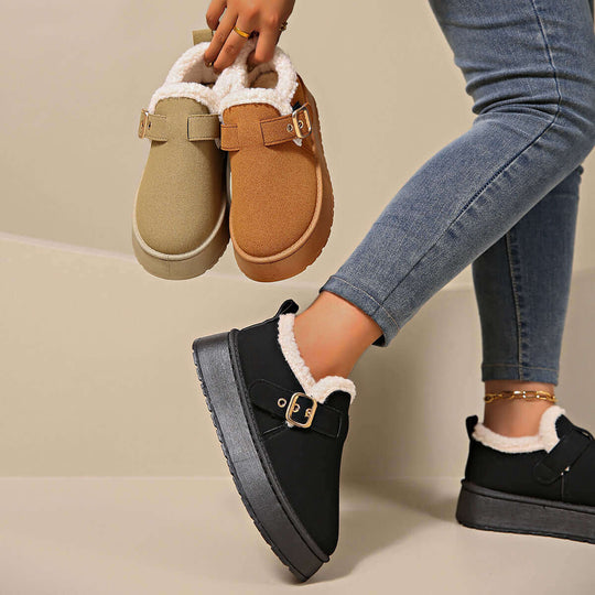 Women's closed-toe cotton-padded shoes in maroon and black with fleece lining and belt buckle detail.