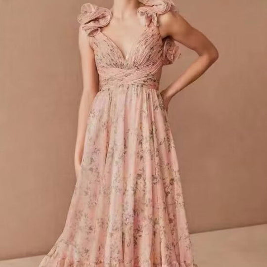 Cut-out Ruffled Sleeveless Dress | Flowing Large Hem Waist-Fit Style