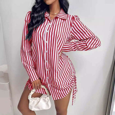 Color-Contrast Striped Lapel Dress | Long-Sleeve Structured Shirt Dress