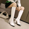 Stylish women's high heel white knight boots with a sleek design, showcasing a chic and fashionable look.