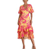 Tiered Ruffle Printed Midi Dress in bold multicolour print, showing layered design and wide-waist fit, perfect for a vibrant summer look.