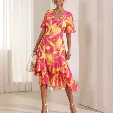 Tiered Ruffle Printed Fashion Dress | Structured High-Volume Patterned Dress