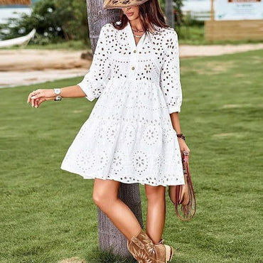 Women's Fashion Solid Color Buttons Dress