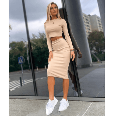 Solid Core Crop Top & Wrap-Hip Skirt Set | High-Tension Two-Piece Social Suit