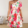 Printed Off-Shoulder Dress featuring vibrant floral patterns and short sleeves, perfect for casual or commuter wear.