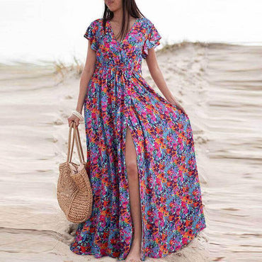 High-Waist Contrast Waist Slimming Dress | Structured Casual Printed Midi