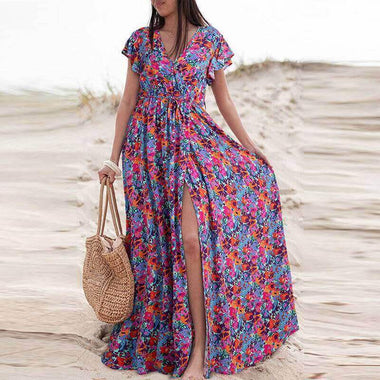 High-Waist Contrast Waist Slimming Dress | Structured Casual Printed Midi