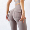 Women's high waist hip trousers in beige with pockets, designed for fitness and yoga practicality.