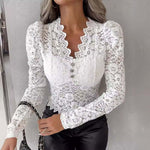 Women's white lace bottoming shirt with long sleeves and button detail, perfect for autumn and winter fashion.