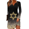 Black Hand-Painted Long-Sleeve A-Line Dress with gold snowflake design, elegant and festive pullover midi dress for women.