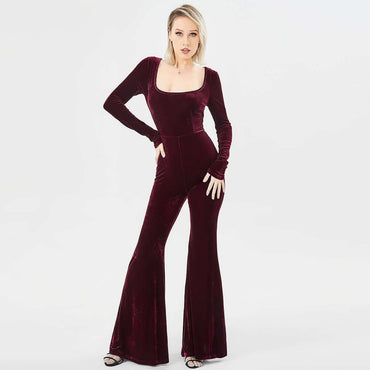 High-Luster Velvet Long-Sleeve Jumpsuit | Structural Wide-Leg Social Pantsuit