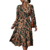 Leopard Print Long-Sleeve Midi Dress in khaki with high-waist and ruffle details, featuring a bold yet sophisticated leopard pattern.