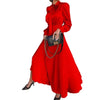 Woman in elegant red Stretch Satin Slim-Fit Midi Dress holding a handbag, ideal for professional or evening wear.